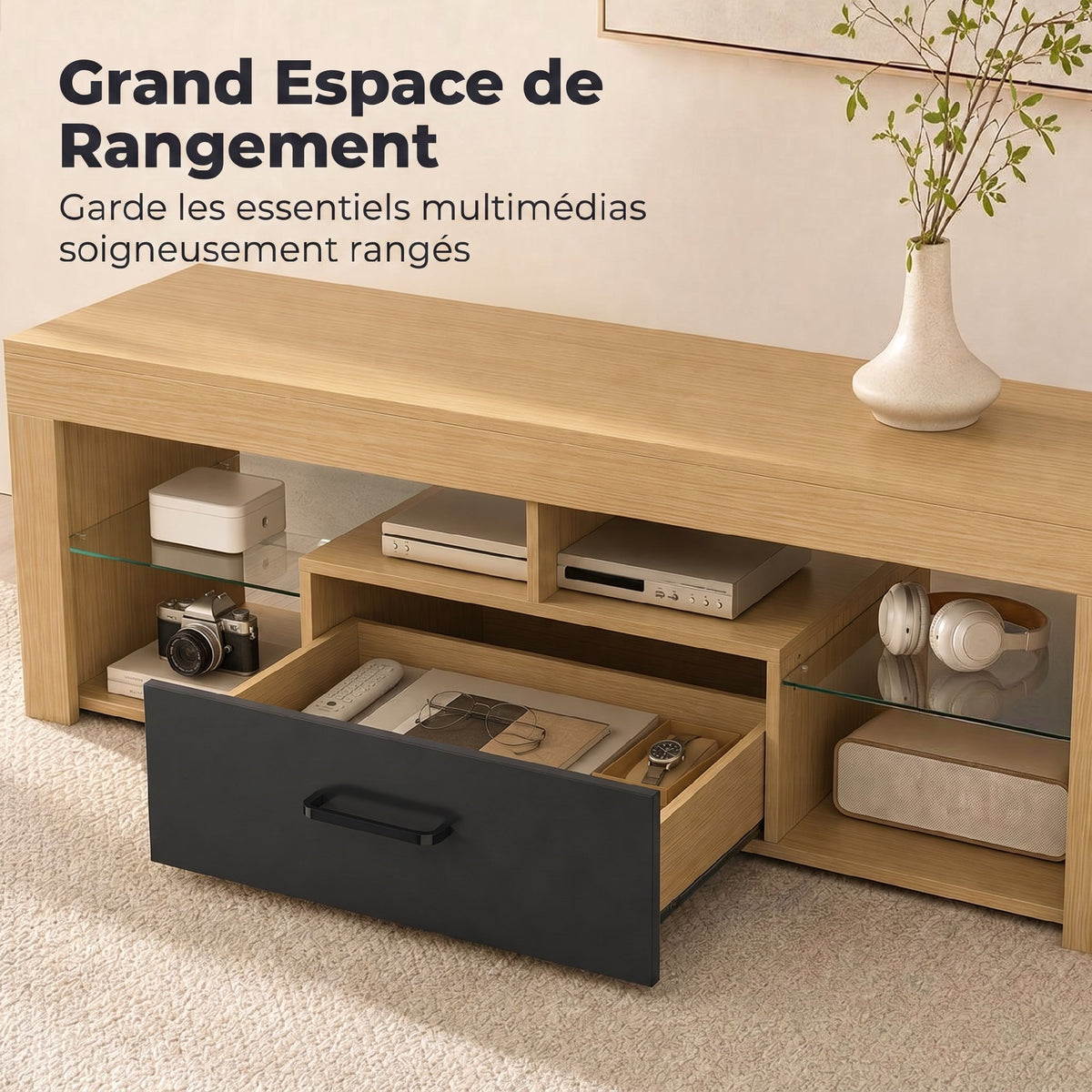 Meuble TV 140 cm, Meuble Télé pour 65 Pouces avec Étagères en Verre Réglables, Tiroir et Compartiments Ouverts, Chêne-4