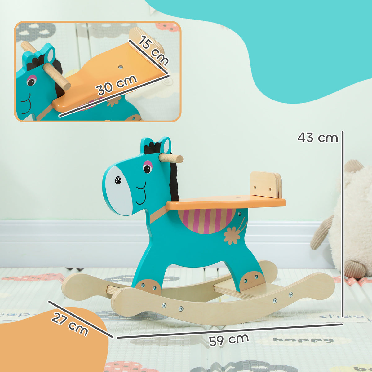 Cheval à bascule pour enfants, âne jouet à bascule bébé en bois avec guidon et base stable, 59 x 27 x 43 cm, vert foncé-2