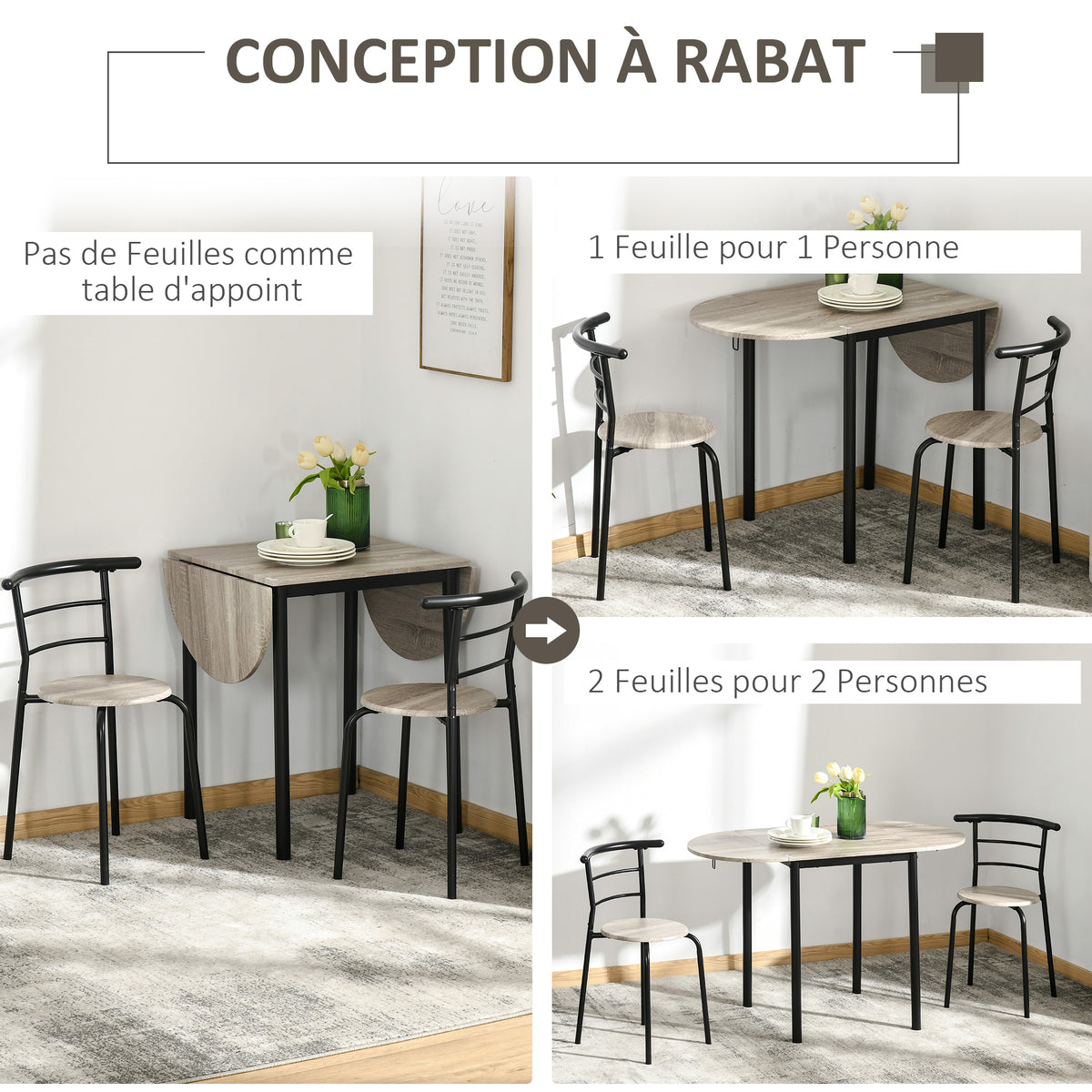Ensemble table ovale extensible et 2 chaises - table à rabats - métal et MDF - noir et naturel-4