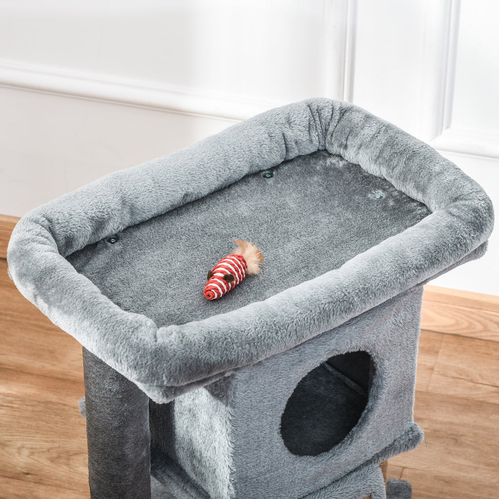 Arbre à chat hauteur de 57 cm avec griffoir en jute, niche, plateforme et balle de jeu, en tissu peluche gris clair-6