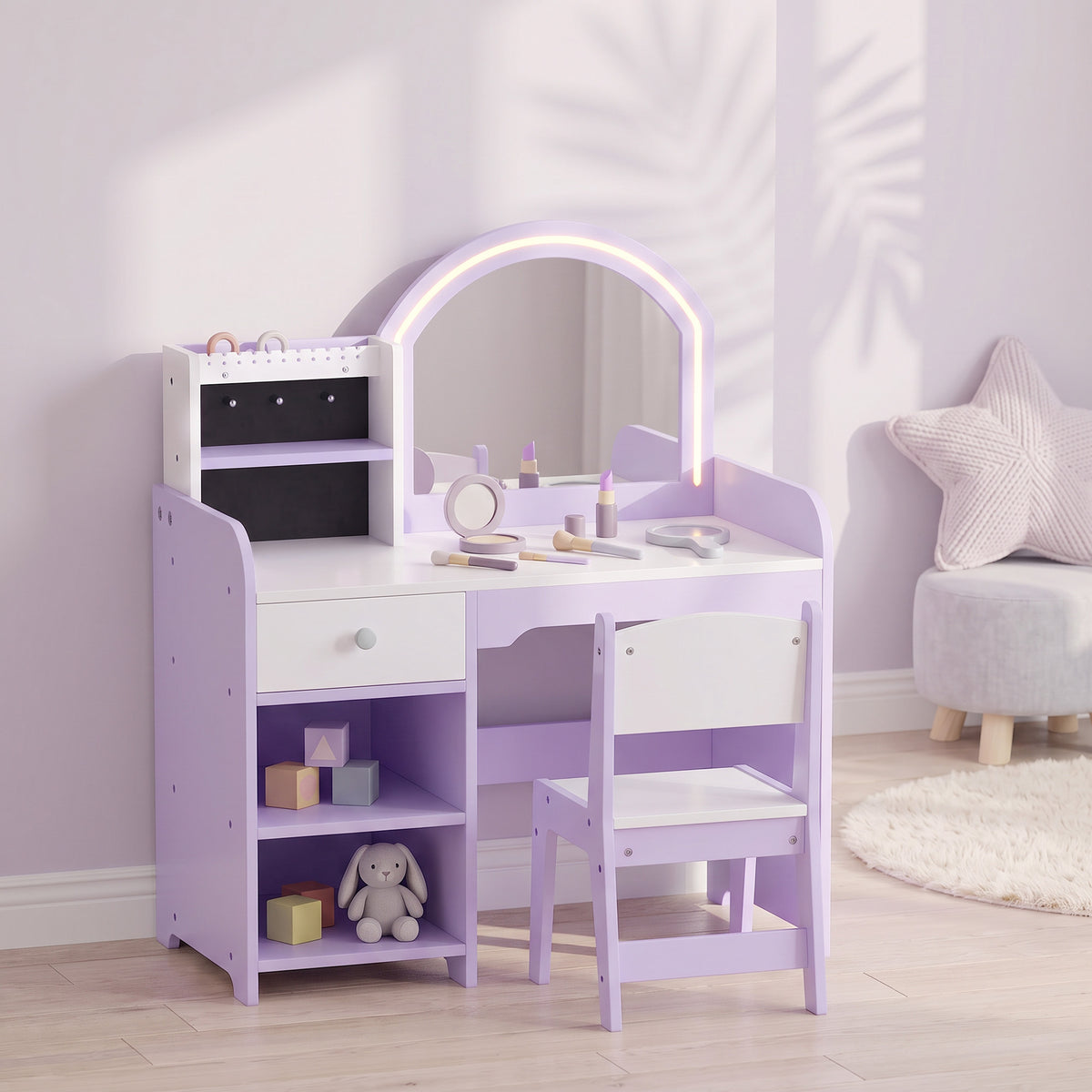 Coiffeuse pour Enfants avec Tabouret et Miroir en Acrylique à Éclairage Bicolore Coiffeuse Bureau Fille 3-8 Ans Violet-8