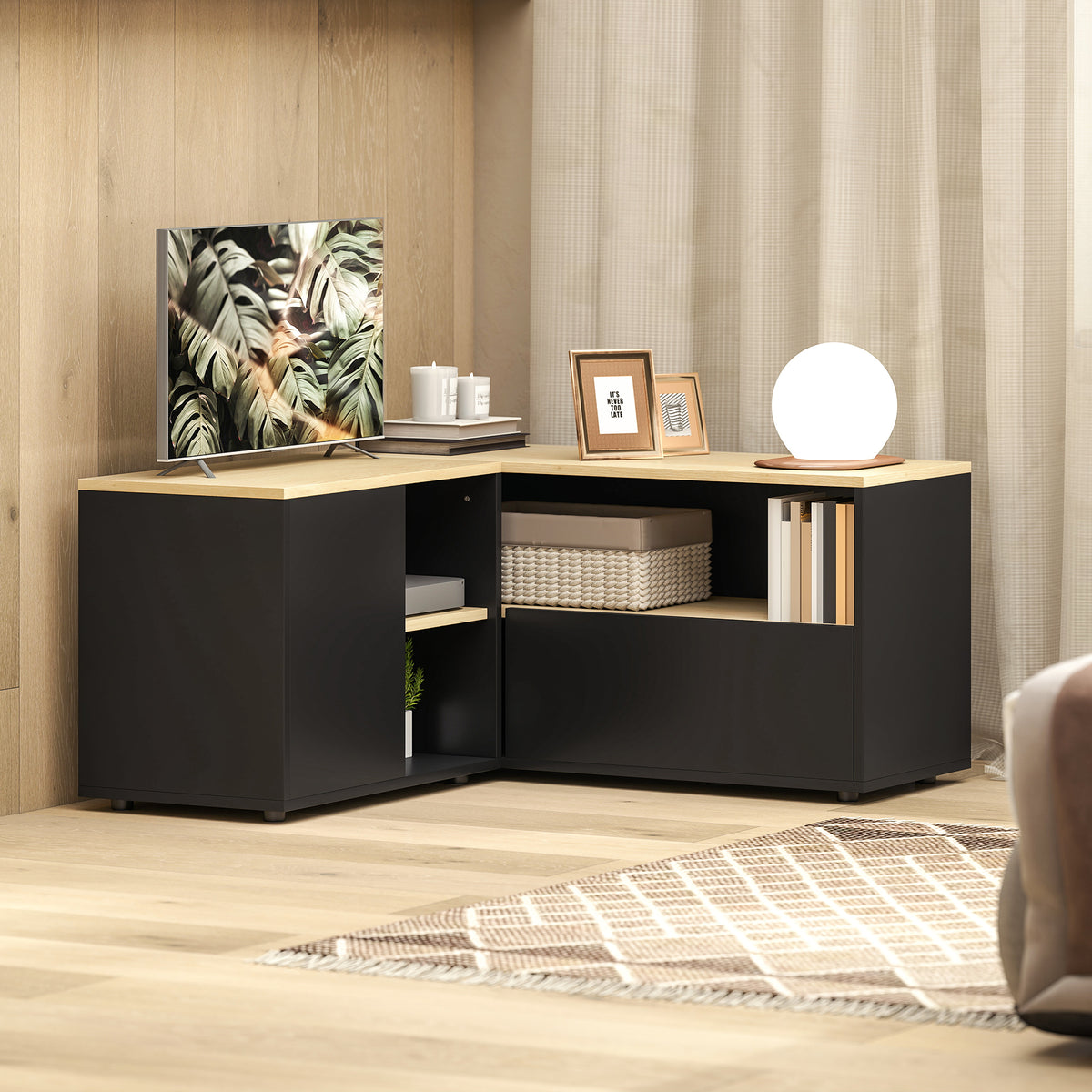 Meuble TV d'angle banc télévision jusqu'à 40 pouces avec 2 placards et 3 niches 90 x 90 x 45 cm chêne et noir-1