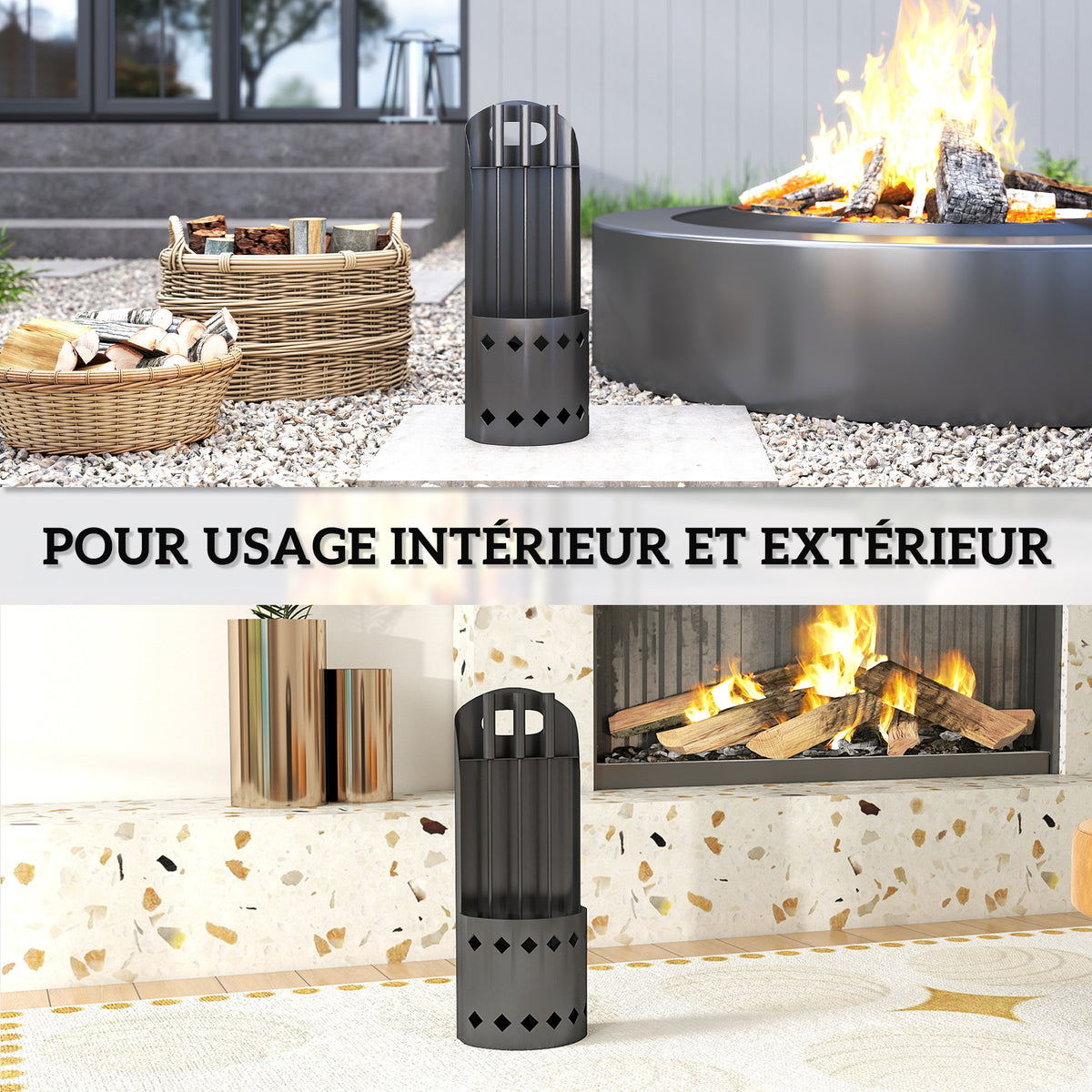 Ensemble serviteur de cheminée 4 pièces, accessoire outils cheminee avec balai pelle tisonnier et support, en métal noir-5