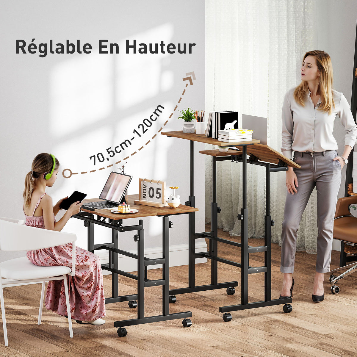 Bureau assis debout bureau réglable en hauteur 70 x 60 cm à roulettes avec plateau inclinable cadre en métal marron-3