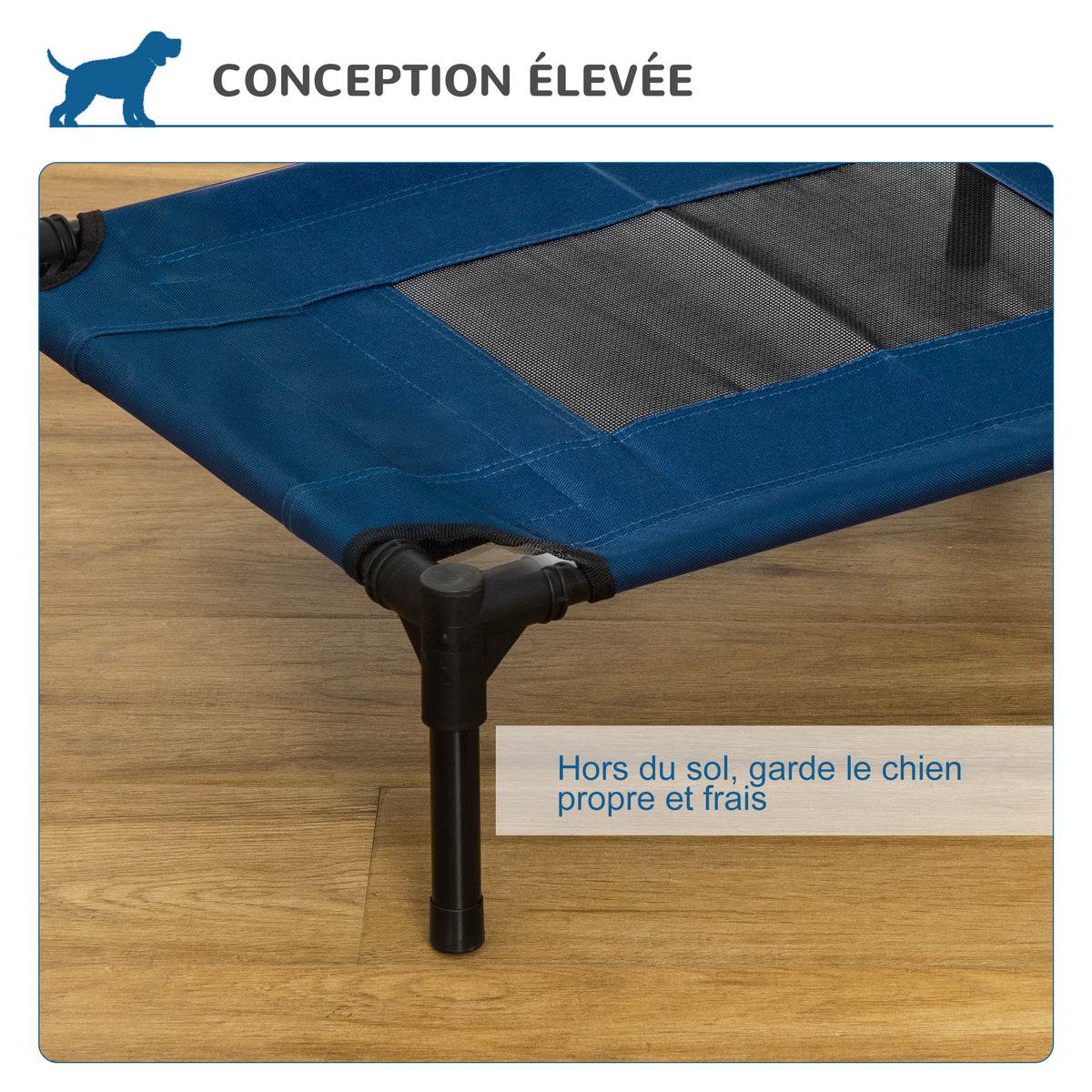 Lit surélevé pour chiens chats animaux de compagnie tissu oxford textilène micro-perforé 61 x 46 x 18 cm bleu et noir-4