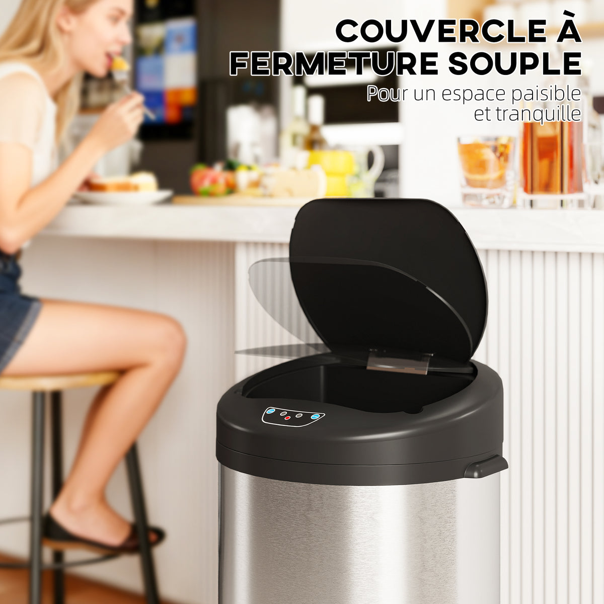 Poubelle de cuisine automatique 30 L en acier inoxydable, couvercle à fermeture en douceur, 32 x 30 x 68 cm, argent-6