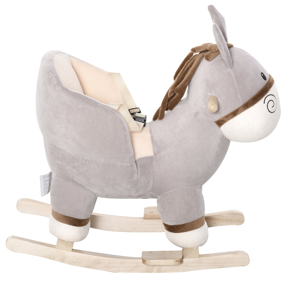 Cheval à Bascule modèle âne Fonction Musicale Selle Grand Confort Peluche Courte Douce Bois peuplier Gris dim. 61L x 34l x 58H cm-8
