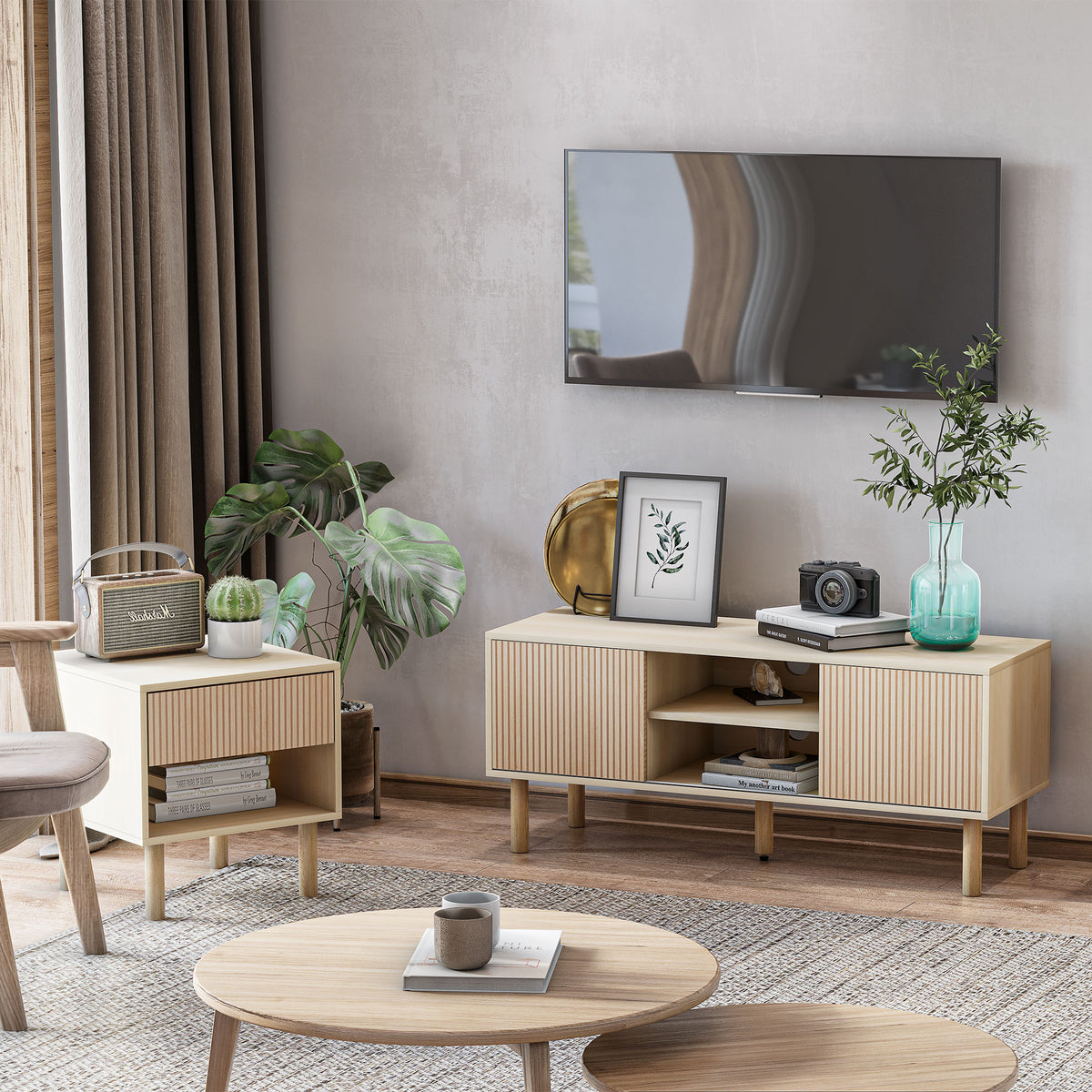 Meuble TV support TV pour télévision jusqu'à 50 pouces 2 portes coulissantes et 2 niches avec passe-câbles - 115 x 40 x 49 cm-1