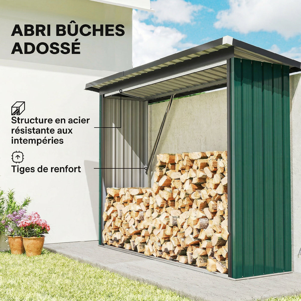 Abri-bûches Couvert Support pour Bois de Chauffage Plancher Surélevé Toit Incliné, Acier Galvanisé 213x66,5x150cm Vert-3