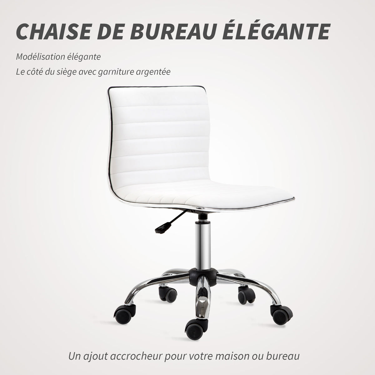 Chaise bureau sans accoudoirs, fauteuil de bureau, hauteur réglable, assise et dossier rembourrés, 48x52x78-90cm, blanc-4
