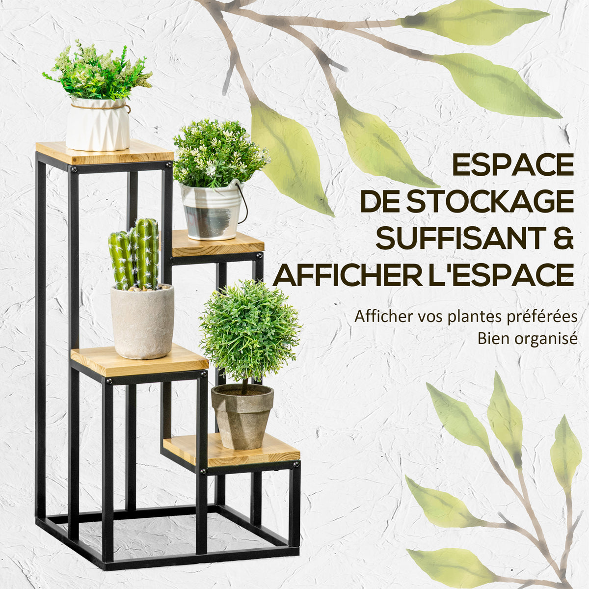 Étagère à plantes étagère à fleurs en métal et bois 4 niveaux de différentes hauteurs style industriel 34 x 34 x 66 cm-3