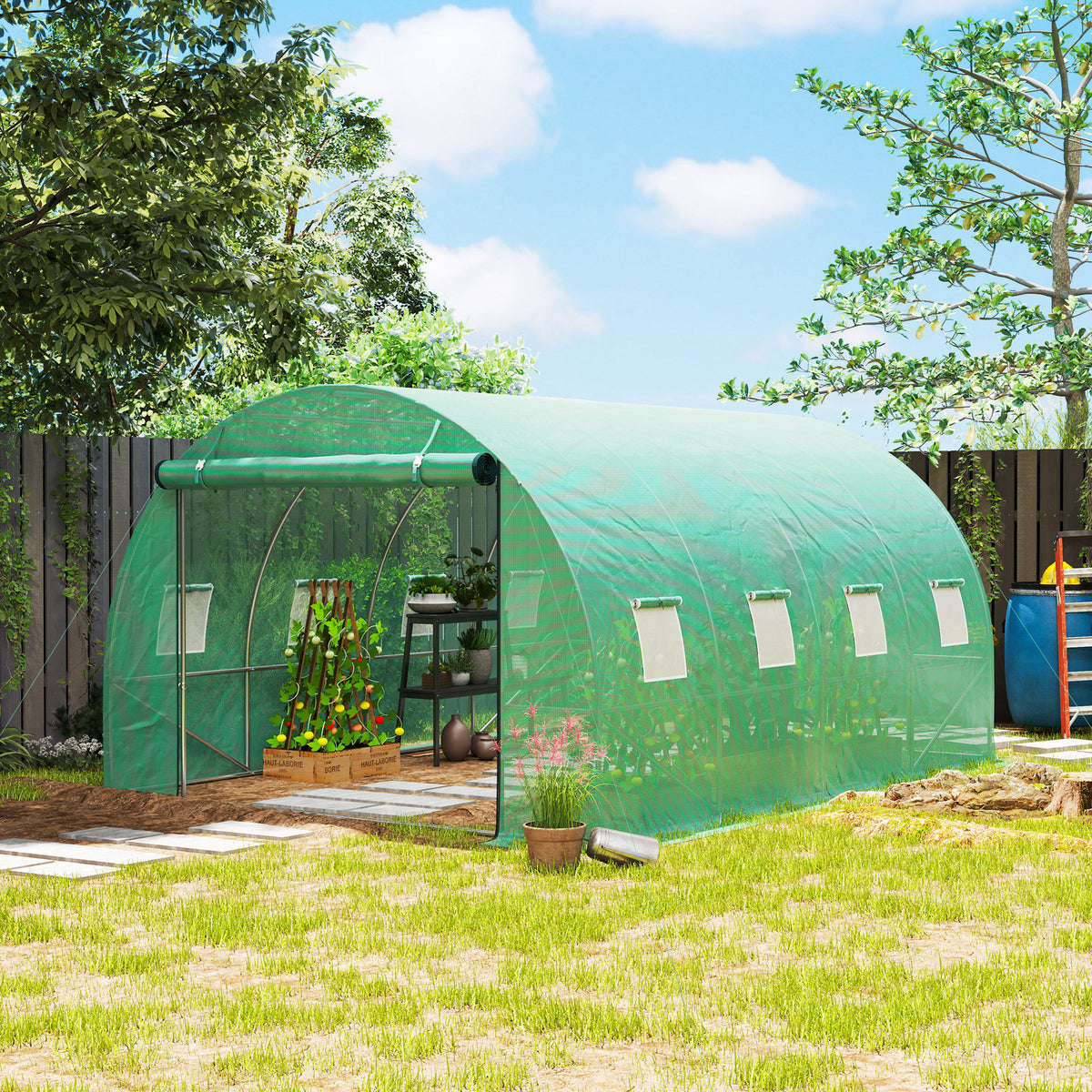 Serre tunnel de jardin 3 x 4 x 2 m avec porte enroulable et grandes fenêtres, en acier galvanisé et PE, vert-1