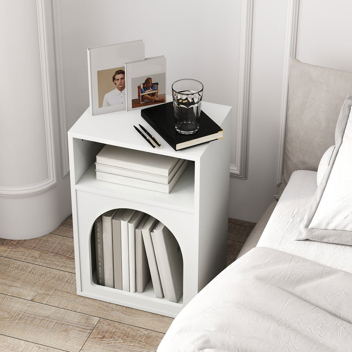 Lot de 2 tables de chevet, table de nuit avec compartiments ouverts, design arqué, 40 x 30 x 60 cm, blanc-6