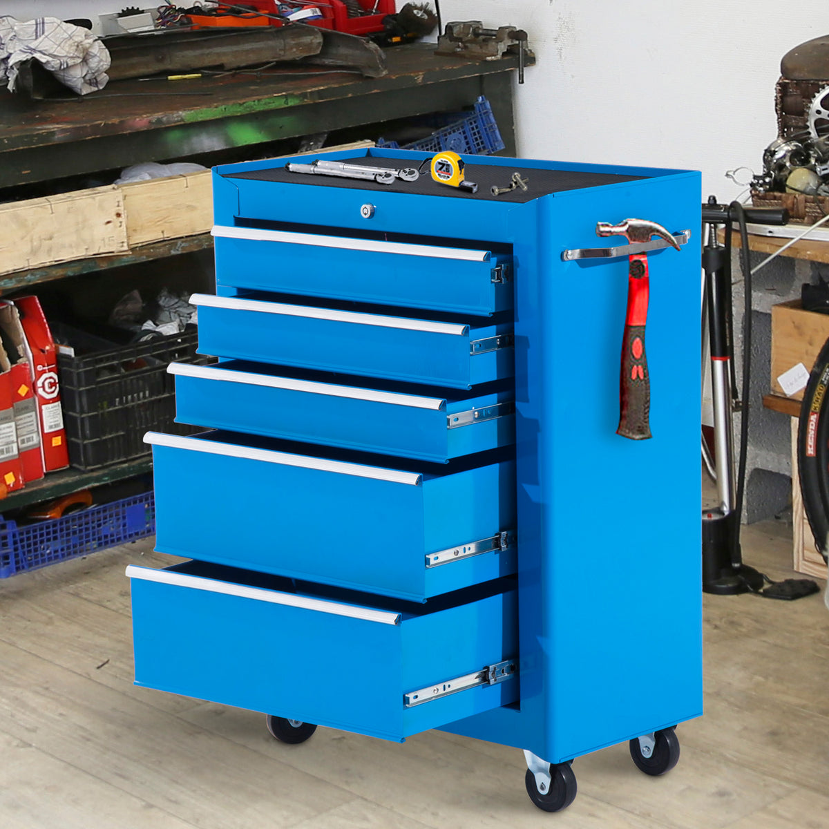 Chariot à outils sur roulettes, Servante d'atelier en acier 5 tiroirs verrouillable 2 clés, 61,5 x 33 x 82,5 cm, bleu-1