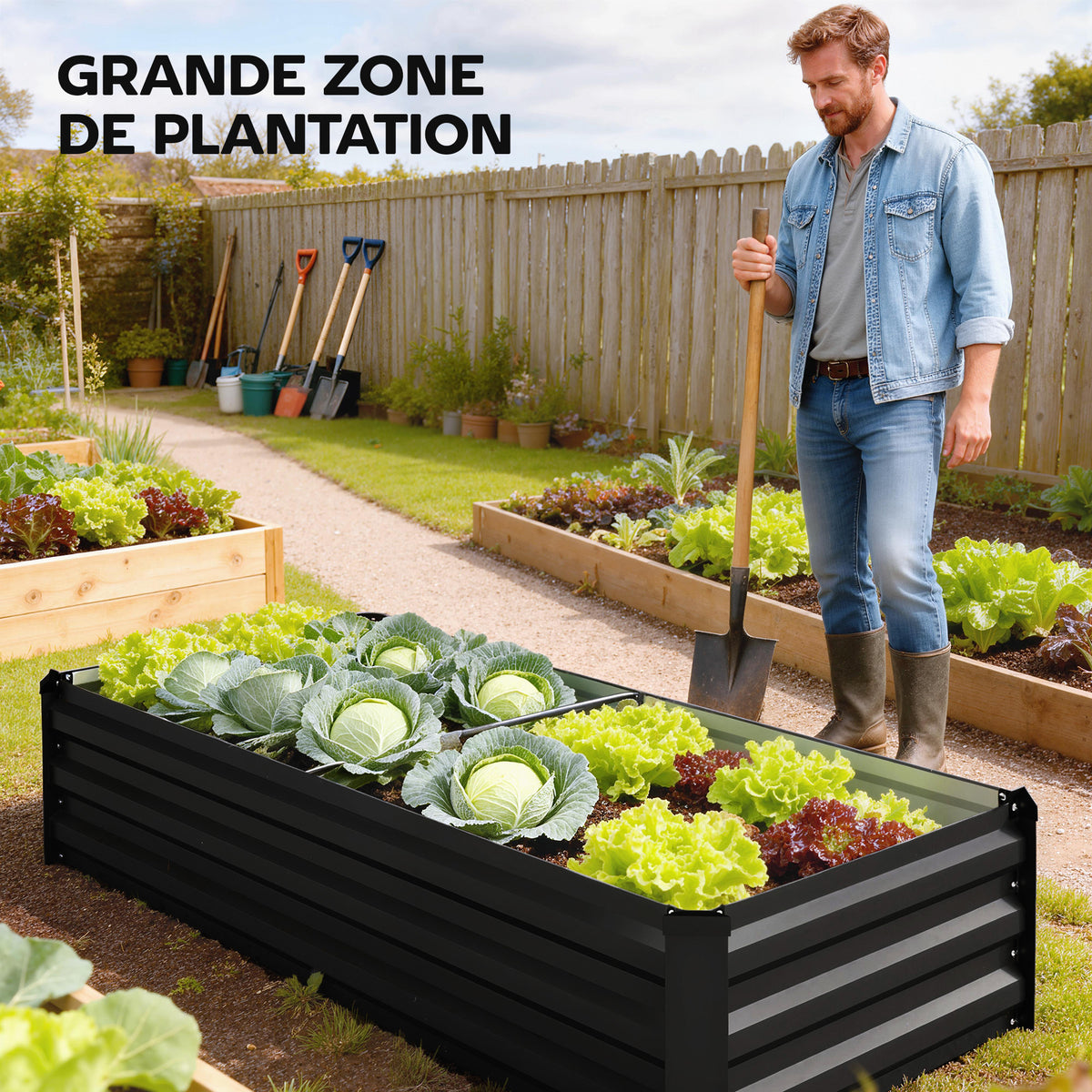 Jardinière rectangulaire potager de jardin en acier galvanisé bordure de sécurité et fond ouvert 150x70x30cm gris foncé-3