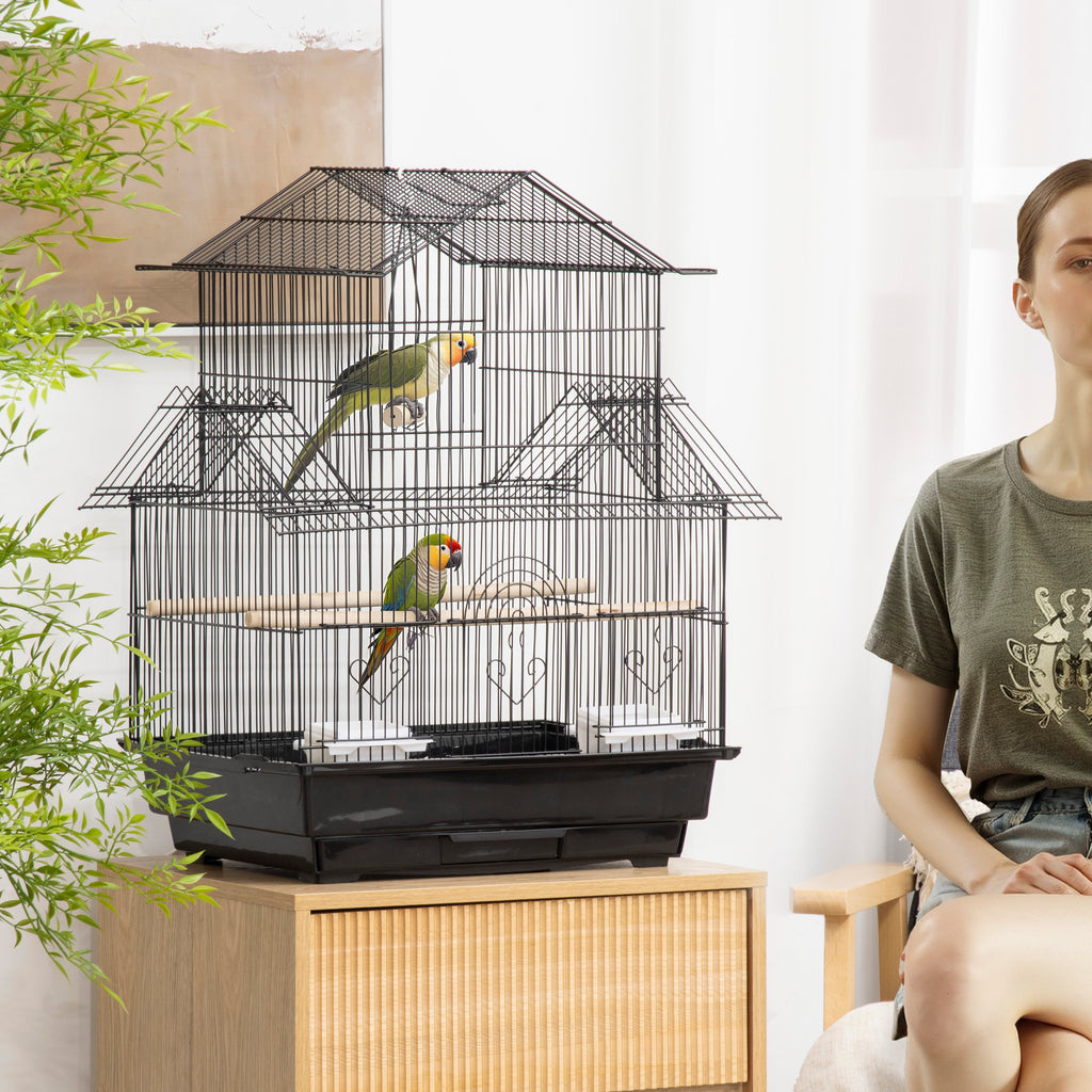 Cage à oiseaux design maison mangeoires perchoirs 3 portes plateau excrément amovible + poignée transport 50,5 x 41 x 63 cm noir-1