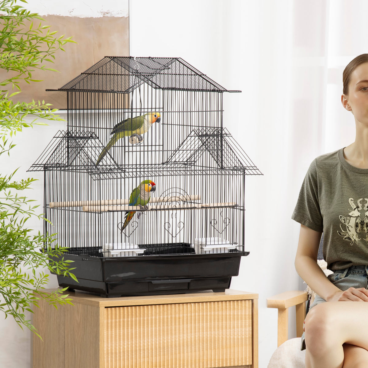Cage à oiseaux design maison mangeoires perchoirs 3 portes plateau excrément amovible + poignée transport 50,5 x 41 x 63 cm noir-1