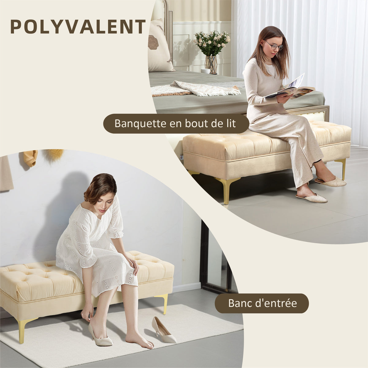 Banc banquette capitonnée bout de lit style classique chic dim. 118L x 45l x 42H cm piètement métal doré velours beige-3
