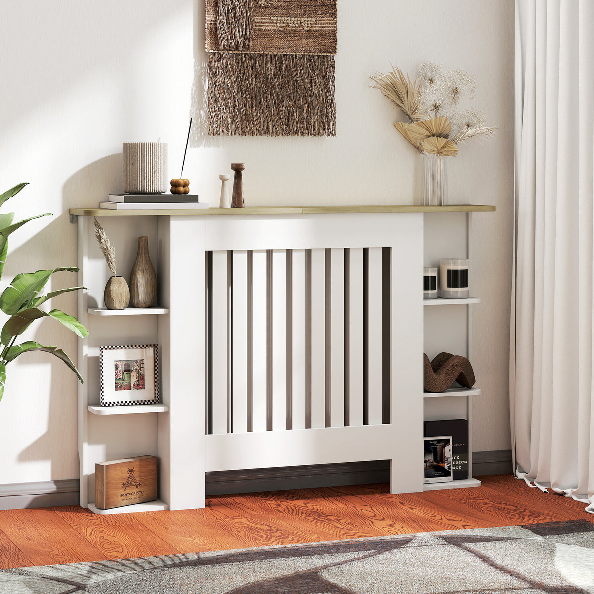 Cache-radiateur avec étagères de rangement ouvertes, couvercle de radiateur en bois à lattes, 124x19x83cm, blanc-1