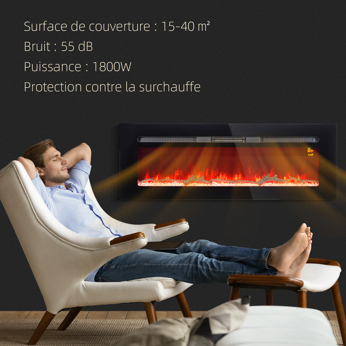 Cheminée électrique 1800 W avec effet flamme en LED 3 couleurs et 5 luminosités, montage mural/encastrable-4