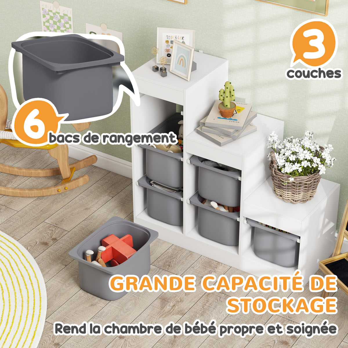 Meuble de rangement pour jouets des enfants avec 6 bacs amovibles, 3 niveaux de rangement, 96 x 38,5 x 90, gris-3