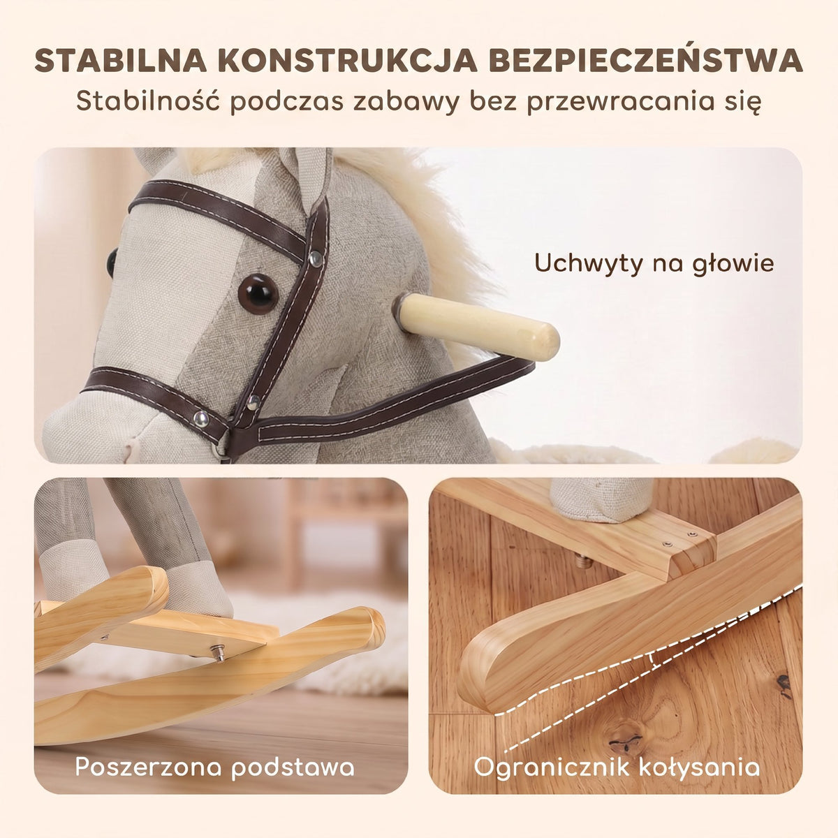 Cheval à bascule pour enfants, jouet à bascule bébé en tissu effet lin avec effets sonores et poignées de sécurité, gris-3