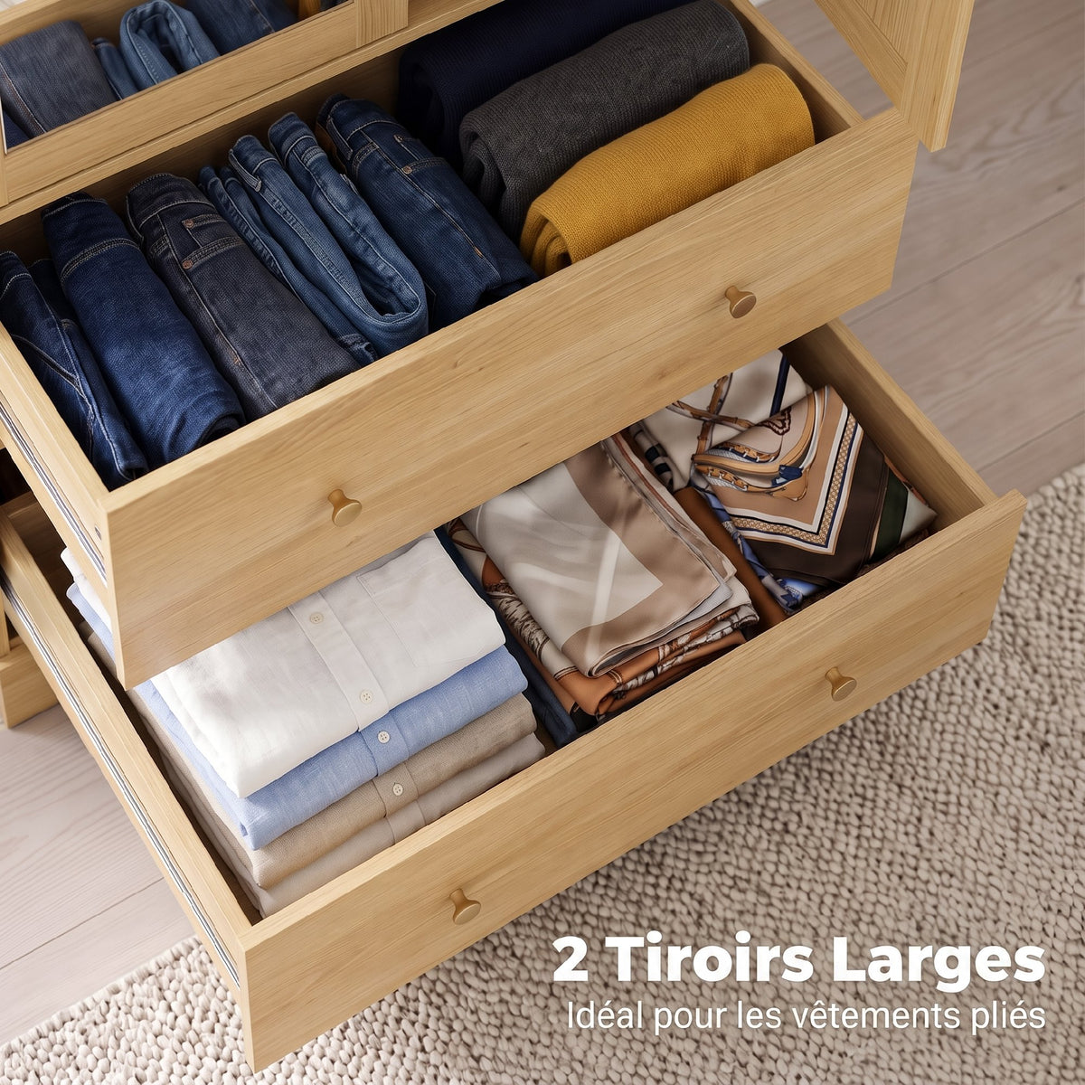 Armoire chambre penderie avec miroir, 2 portes, 2 tiroirs et barre de suspension, 80 x 50 x 180 cm, chêne-4