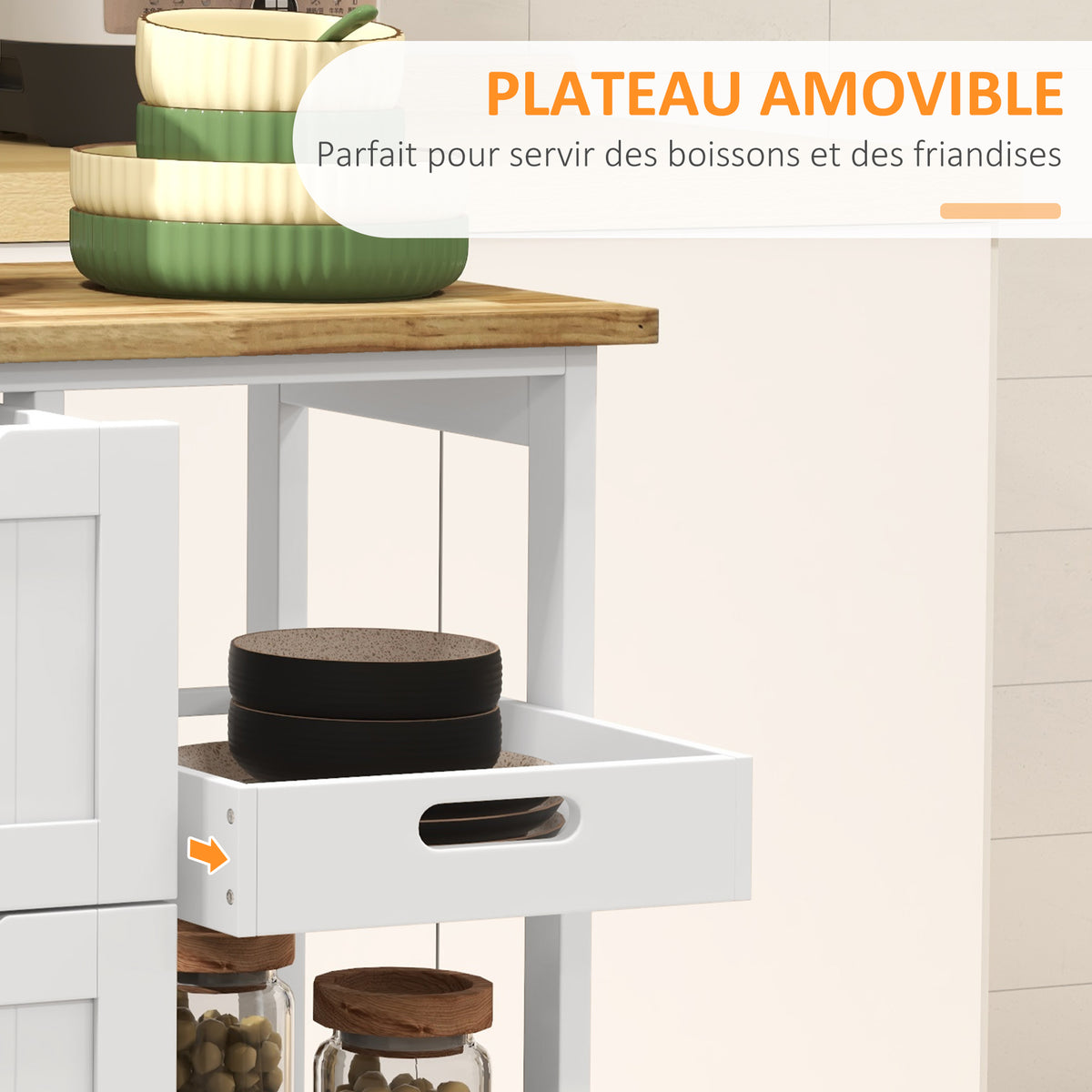Chariot desserte de cuisine à roulettes plan de travail en bois 3 tiroirs + 1 plateau amovible 67 x 37 x 85,5 cm blanc-4