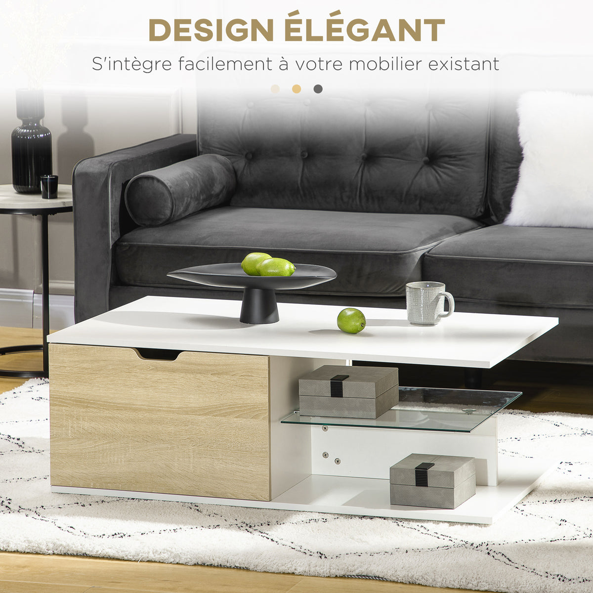 Table basse rectangulaire design contemporain 2 tiroirs 2 niches étagère verre trempé panneaux blanc aspect chêne clair-4