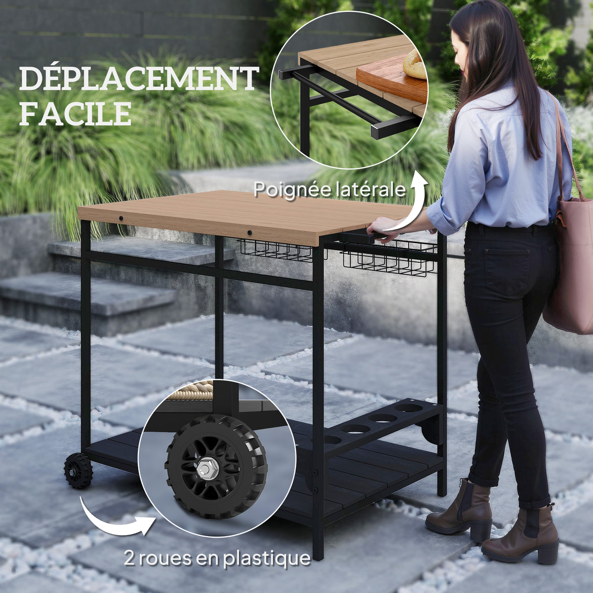 Desserte de jardin chariot pour plancha barbecue en bois et métal avec poignée 2 plateaux 2 paniers et porte-bouteilles-4
