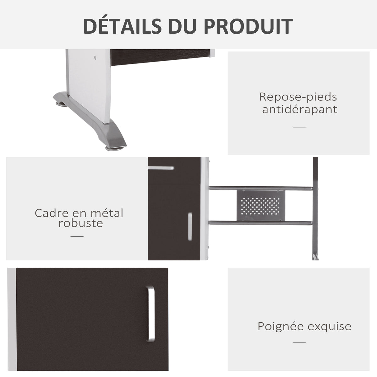 Bureau d'ordinateur, 100 x 52 x 75 cm, bureau avec tablette coulissante pour clavier, tiroirs et support d'unité centrale, table informatique pour étudier noyer foncé et blanc-4