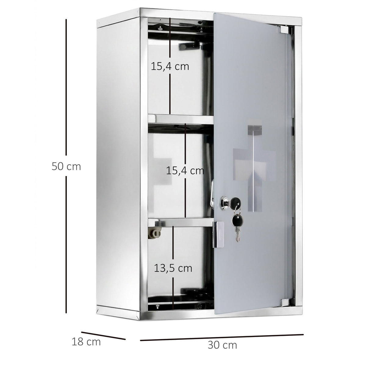 Armoire à pharmacie murale à 3 niveaux en acier inoxydable avec porte verrouillable en verre avec 2 clés-2