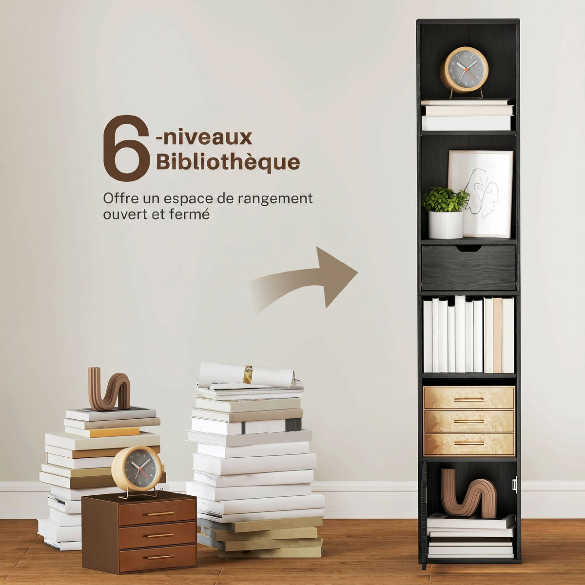 Bibliothèque, étagère à livres, meuble de rangement avec tiroir placard compartiments ouvertes, 30 x 24 x 158 cm, noir-3