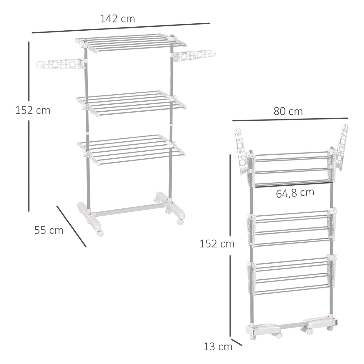Étendoir à Linge 3 Niveaux, Sechoir a Linge avec 6 Roulettes, Pliable, Cadre en Acier Inoxydable et Ailes Latérales, pour Intérieur Extérieur, 142 x 55 x 152 cm, Blanc-2