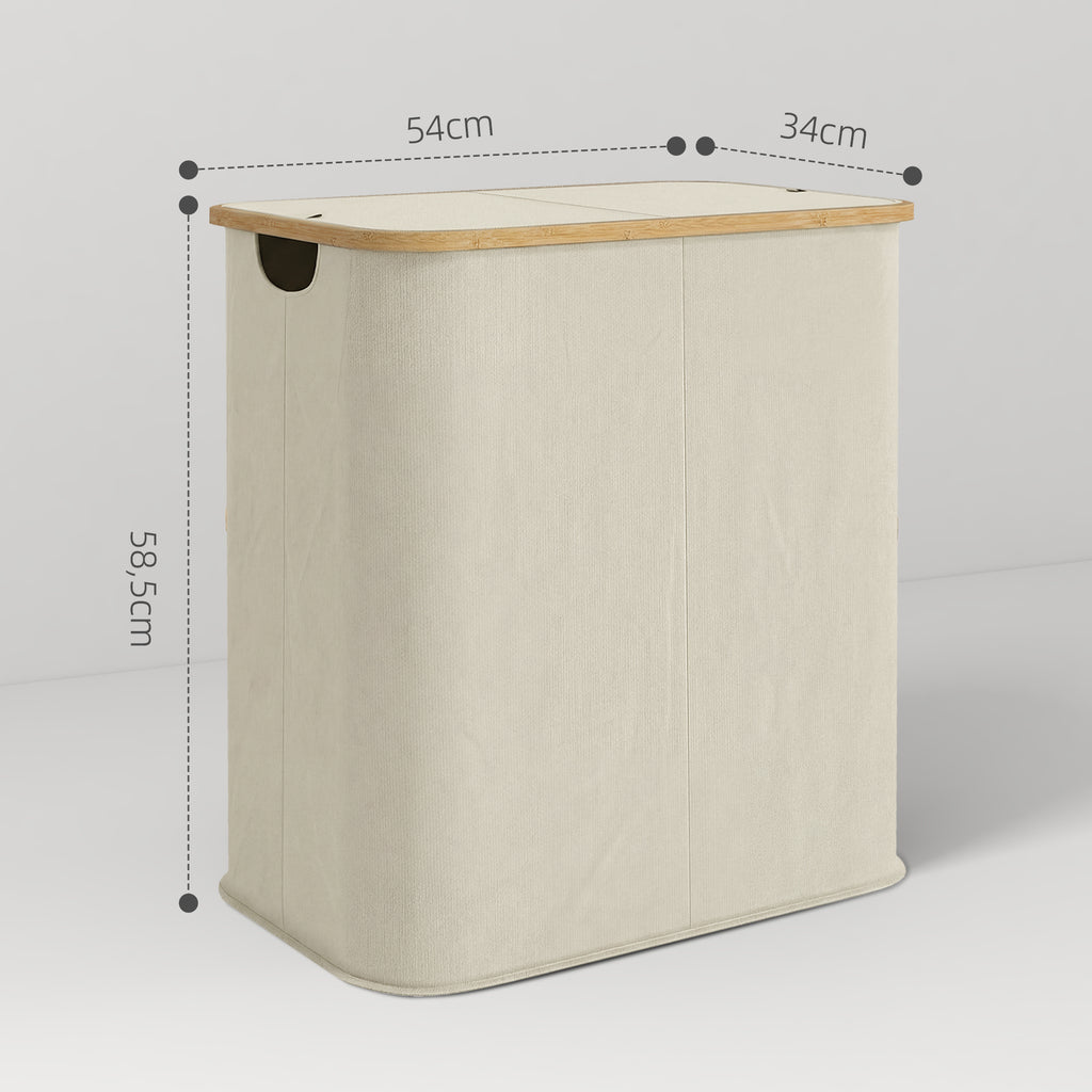 Panier à linge double pliable 80 L corbeille à linge sale avec couvercle, poignées rainurées, beige-2