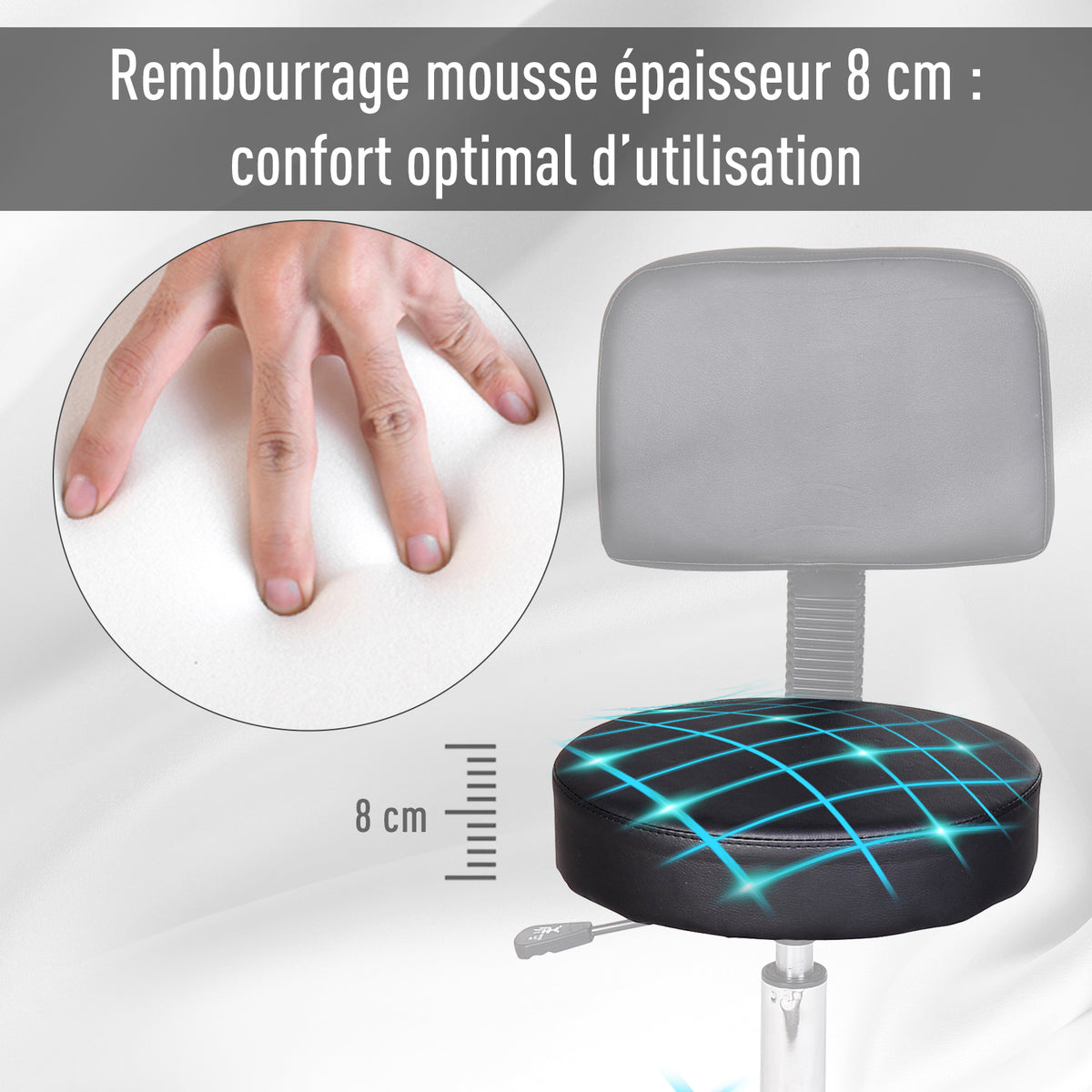 Tabouret massage a roulettes reglable en hauteur pivotant avec dossier ergonomique noir-5
