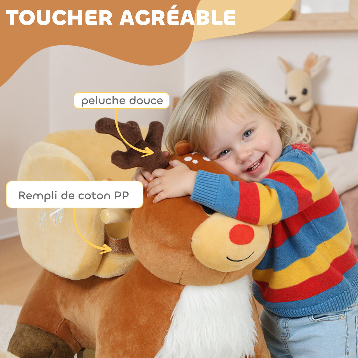 Cheval à bascule pour enfants, renne jouet à bascule bébé avec berceuses, ceinture de sécurité, 65 x 32 x 55 cm, marron-4