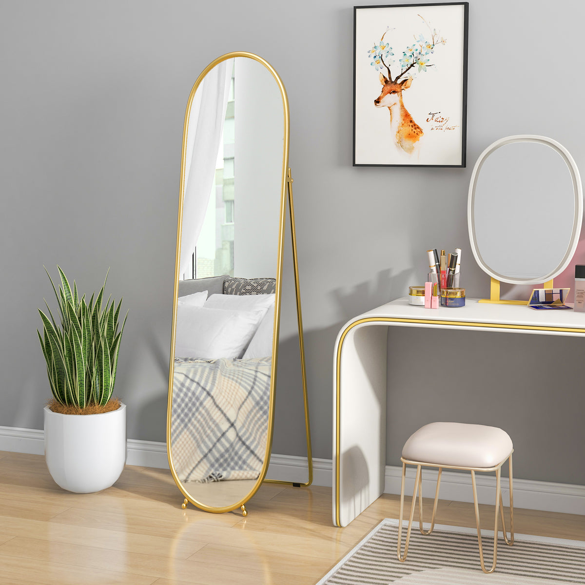 Grand miroir sur pied, miroir ovale, cadre en métal doré, avec support pour entrée, chambre, dressing, 40 x 160 cm-1