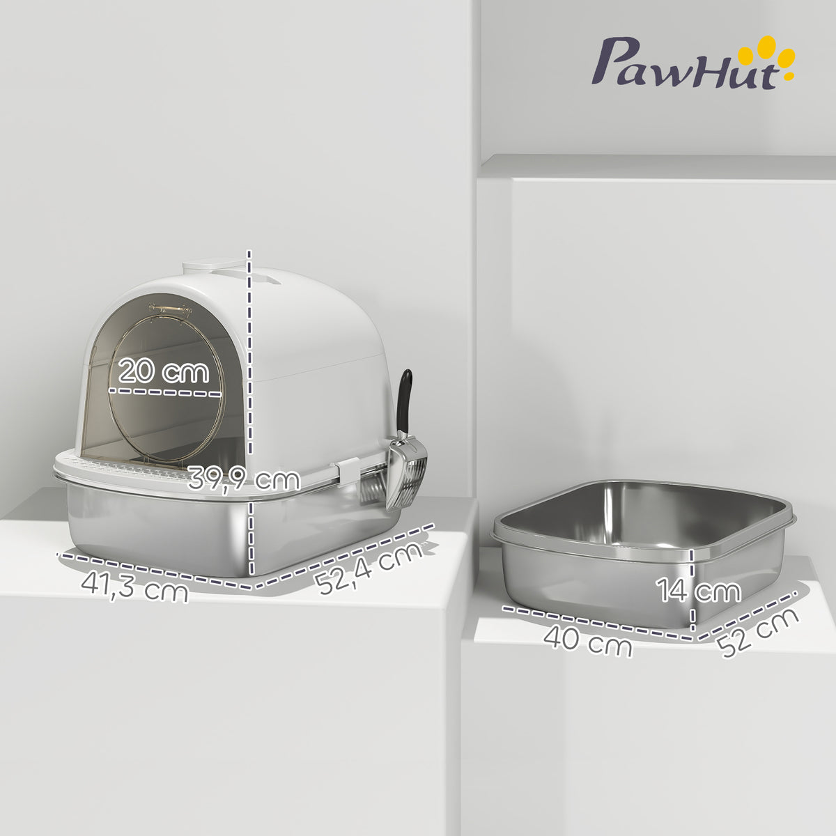 Maison de toilette pour chat bac à litière fermé bac acier inoxydable, nettoyage facile, 52,4 x 41,3 x 39,9 cm, blanc-2