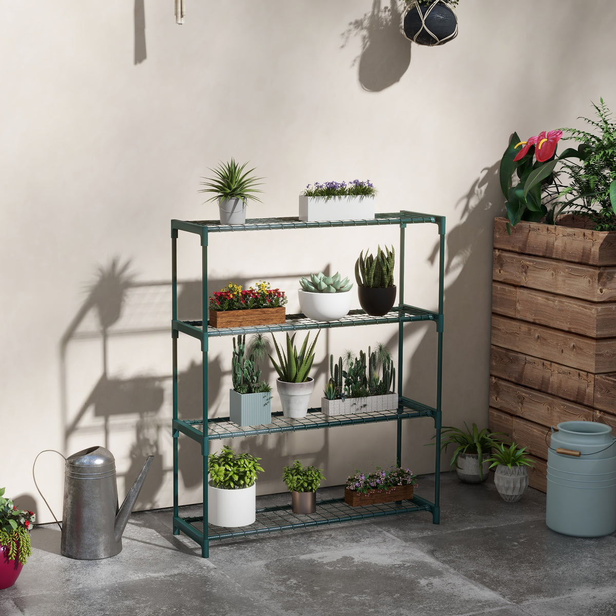 Étagère à fleurs supports porte plante 4 niveaux, intérieur et extérieur en acier, dim. 89L x 28l x 107H cm, vert-1