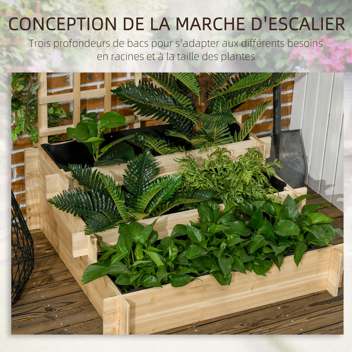 Carré potager jardinière à 3 étages avec treillis lit surélevé en bois pour plantes grimpantes légumes fleurs naturel-4