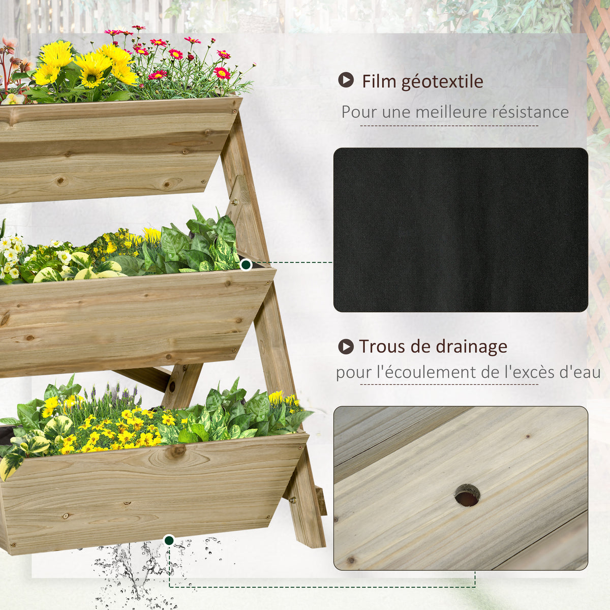 Jardinière sur Pieds carré Potager 3 étages 71L x 61l x 77H cm Inserts d'irrigation Feutre de Drainage Bois-4