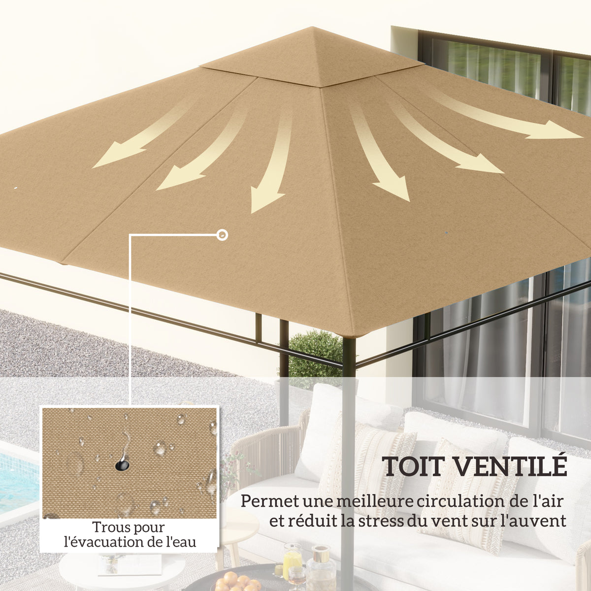 Toile de rechange pour pavillon toit de remplacement gazebo tissu polyester haute densité 180 g/m² anti-UV 3 x 3 m beige-3