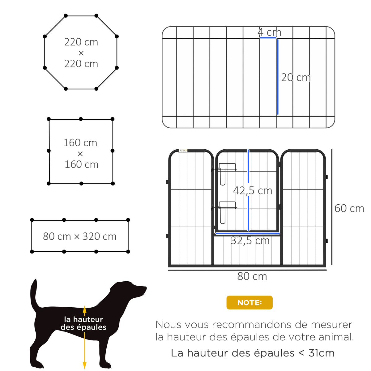 Luxe parc enclos modulable acier époxy porte verrouillable pour chiens, lapins, rongeurs, petits animaux, intérieur et extérieur 80 x 60 cm noir-2