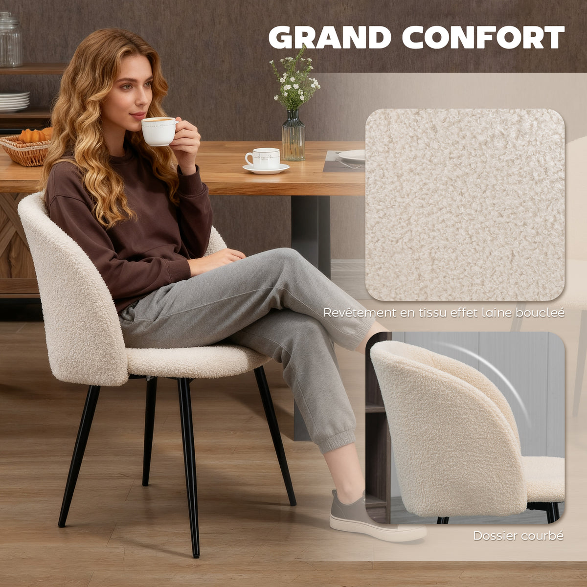 Lot de 2 chaises de salle à manger avec dossier en tissu effet laine boucleé pieds en acier 55 x 62 x 80 cm beige noir-4