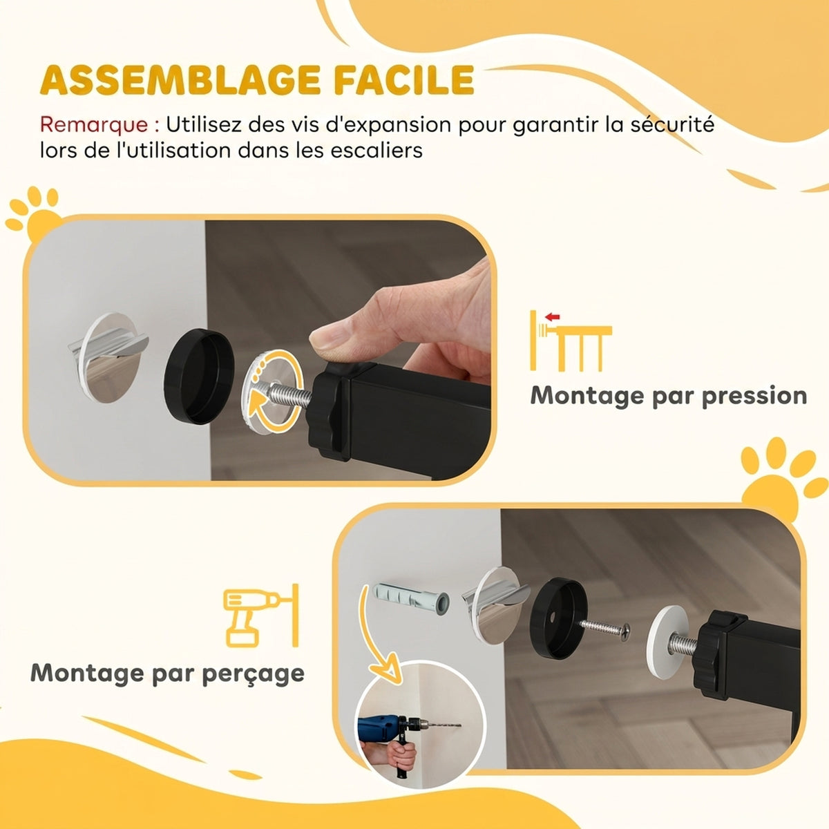 Barrière de sécurité pour chiens et bébés 76 à 102 cm avec extension fixation par pression sans perçage blanc-6