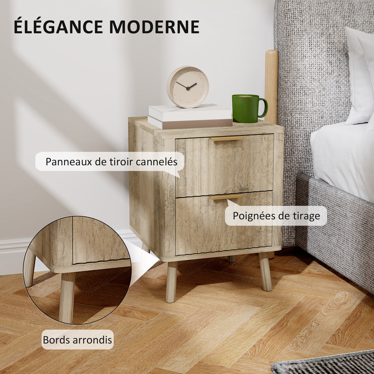 Lot de 2 tables de chevet avec 2 tiroirs cannelés pour chambre à coucher, salon, 40 x 40 x 53 cm, chêne-3
