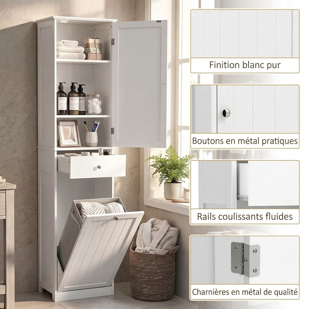 Meuble de Salle de Bain avec Tiroir, Panier à Linge, Étagère Réglable, Style Moderne, 45 x 30 x 180 cm, Blanc-6