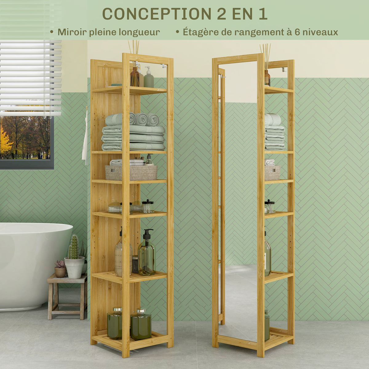 Meuble colonne de salle de bain à 6 niveaux en bambou avec miroir, 6 étagères, naturel, 35L x 35l x 168H cm-3