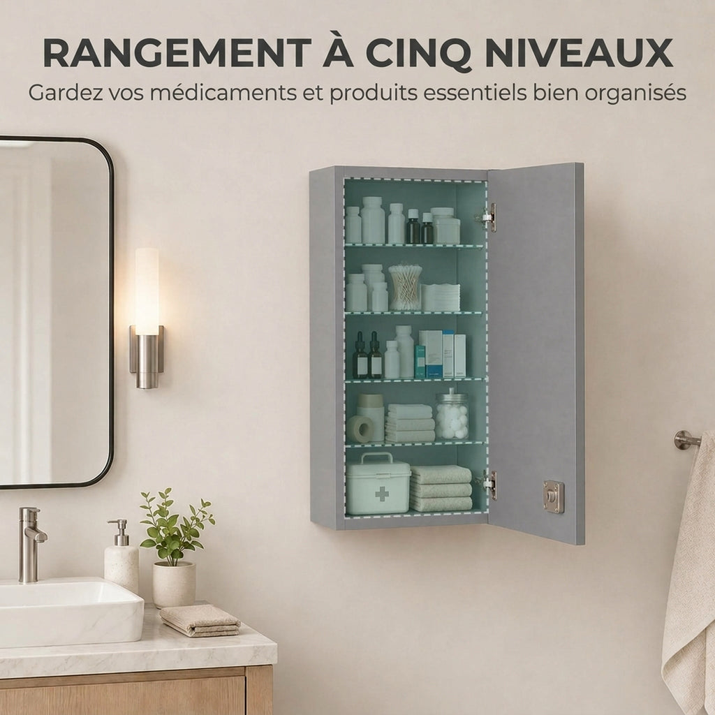 Armoire à pharmacie murale avec serrure, 5 étagères et tablettes réglables, bois et verre, gris, 30x20x70cm-4